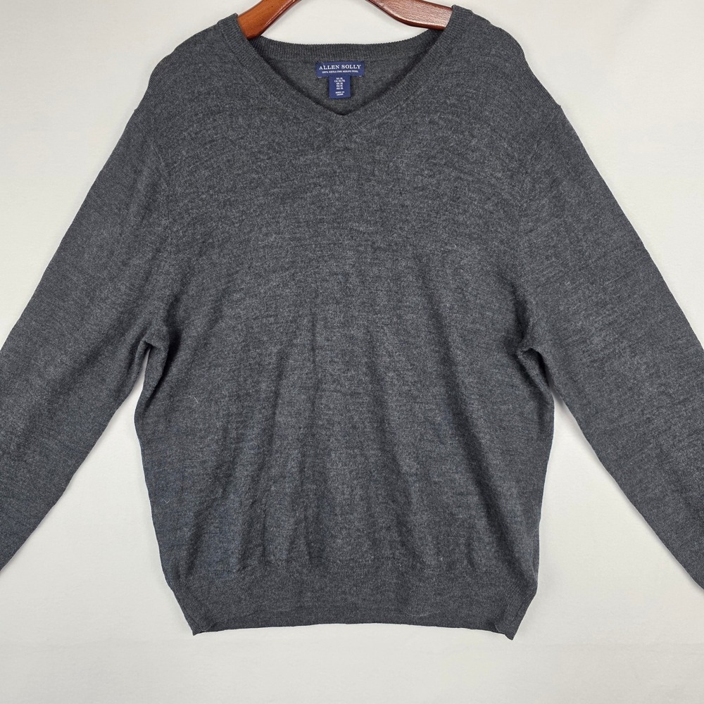 Allen‎ Solly Mens XL Gray 100% Extra Fine Merino Wool V-Neck Sweater Knit Top